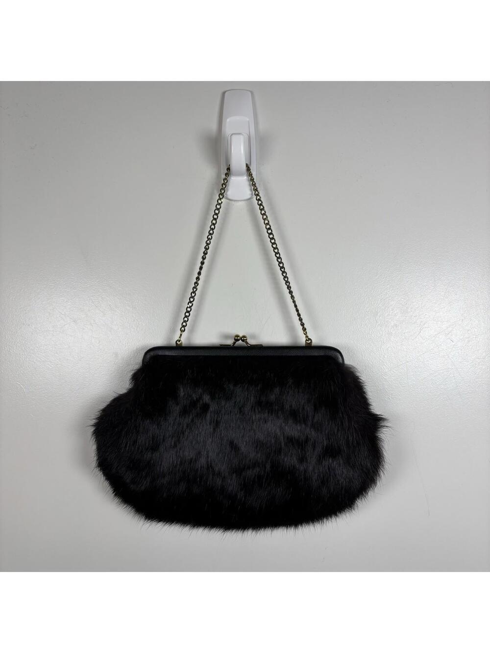 Vintage INGBER Black Fur Kissing Clasp Clutch With Chain Handle 50s 60s Gold